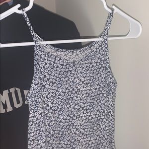 a blue flowered dress